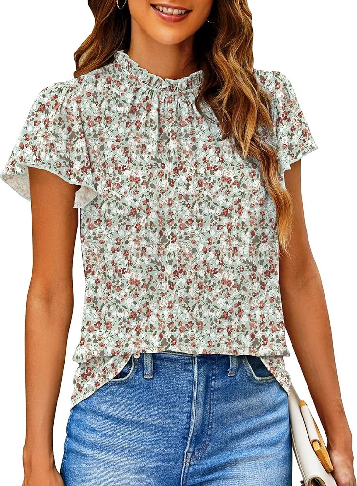 SimpleFun Women Boho Shirts Floral Ruffle Short Sleeve Mock Neck Flowy Casual Summer Blouses Tops | Amazon (US)