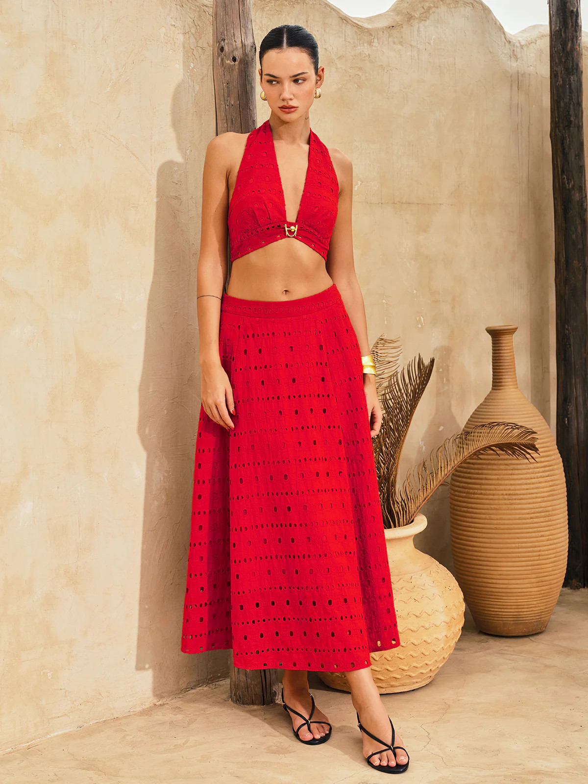 Eyelet Halter Crop Top & Maxi Skirt Set | Commense