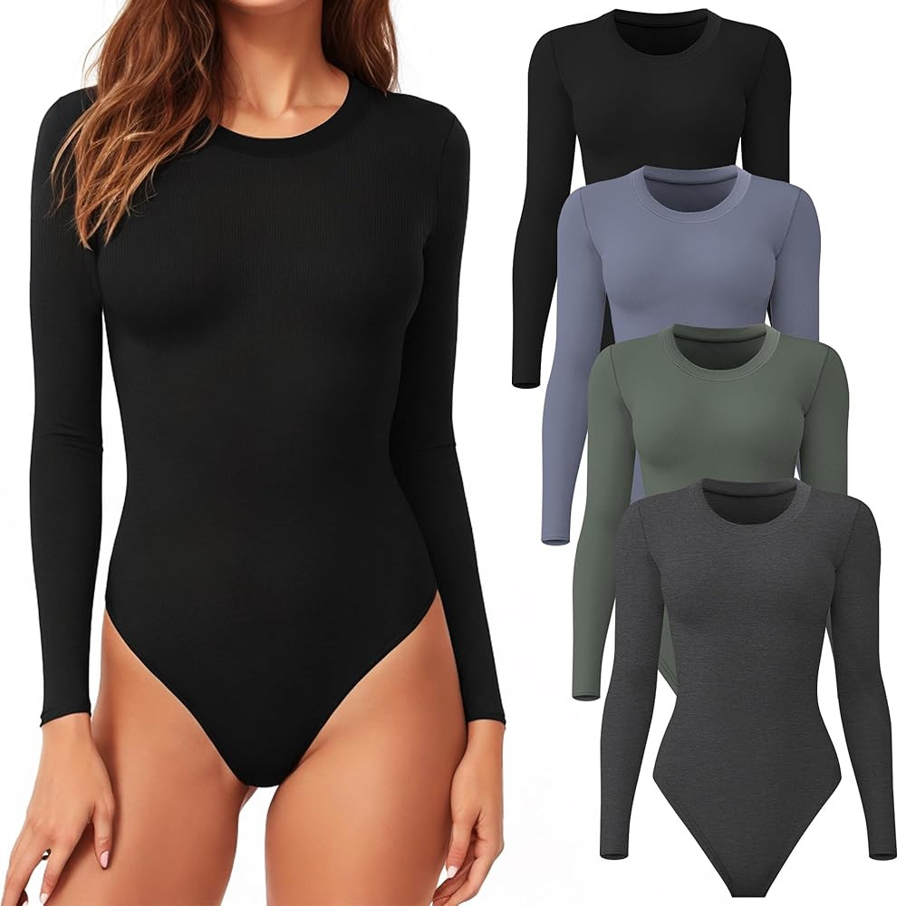 CE' CERDR 4/5 Pack Long Sleeve Bodysuit for Women Round Neck Casual Stretchy Basic Shirts Crew Ne... | Amazon (US)