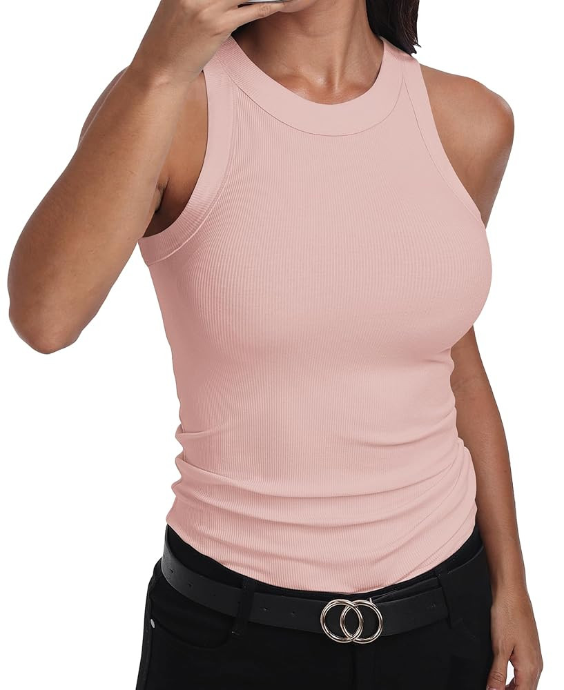 GEMBERA Womens Sleeveless Racerback High Neck Casual Basic Cotton Ribbed Fitted Tank Top | Amazon (US)