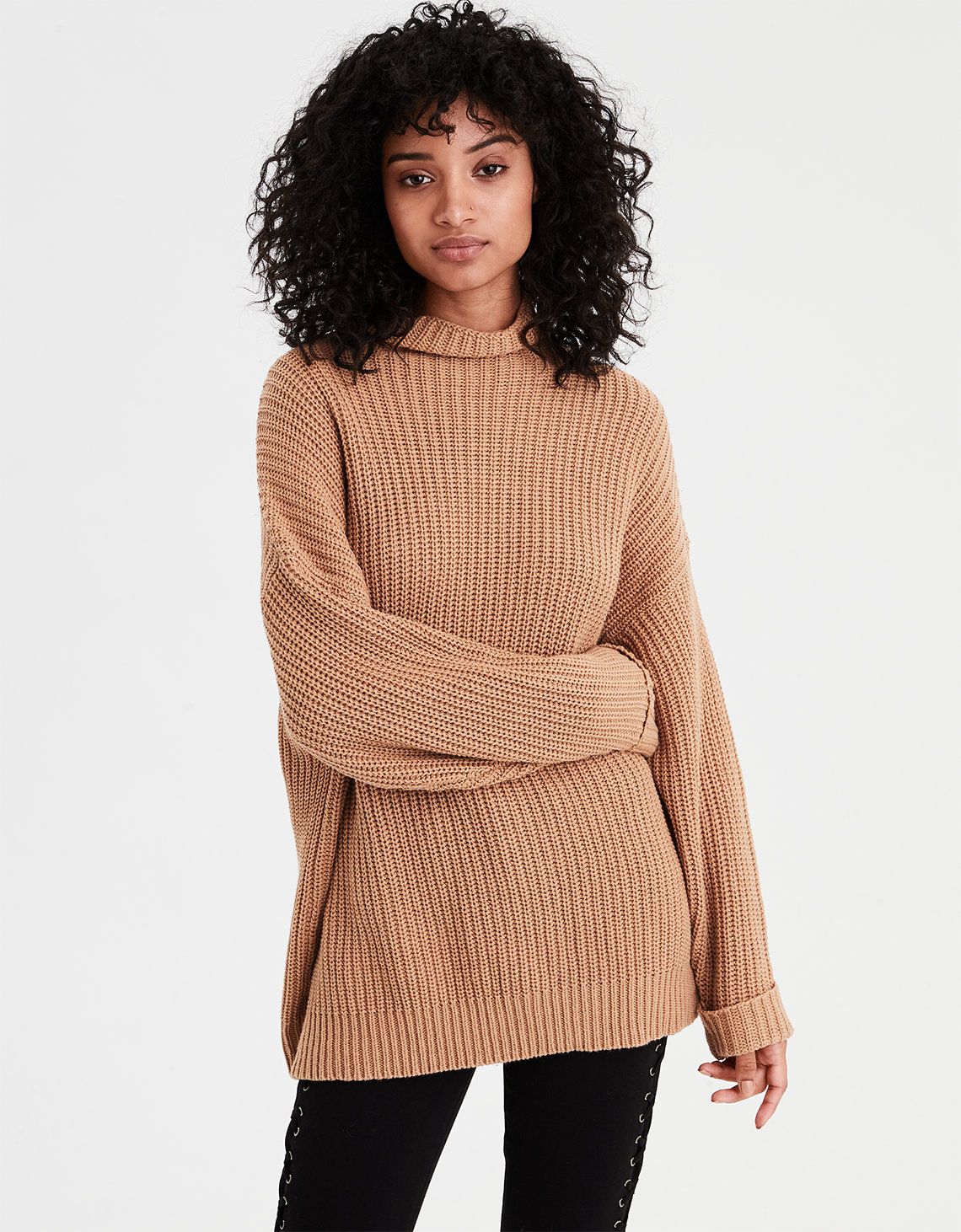 AE Slouchy Turtleneck Sweater, Tan | American Eagle Outfitters (US & CA)