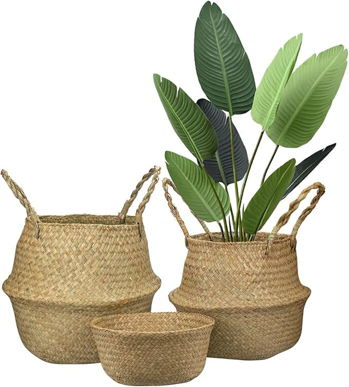 Yesland Woven Seagrass Belly Basket for Storage - Set of 3 - Ideal Plant Pot, Laundry & Picnic Ba... | Amazon (US)