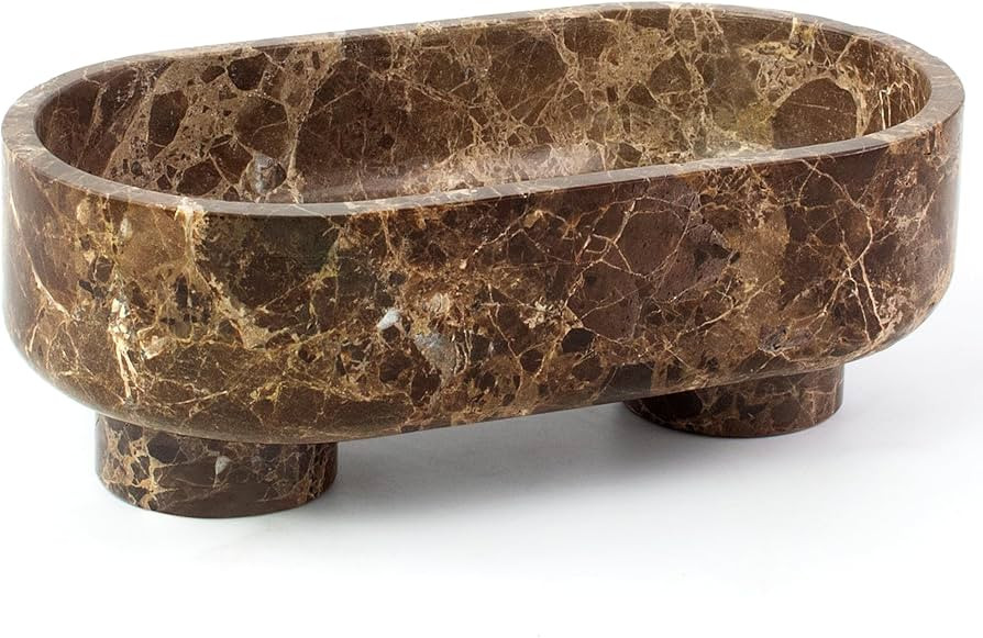 Natural Oval Marble Fruit Bowl for Kitchen Counter | Two-Legged Decorative Pedestal Bowl for Dini... | Amazon (US)