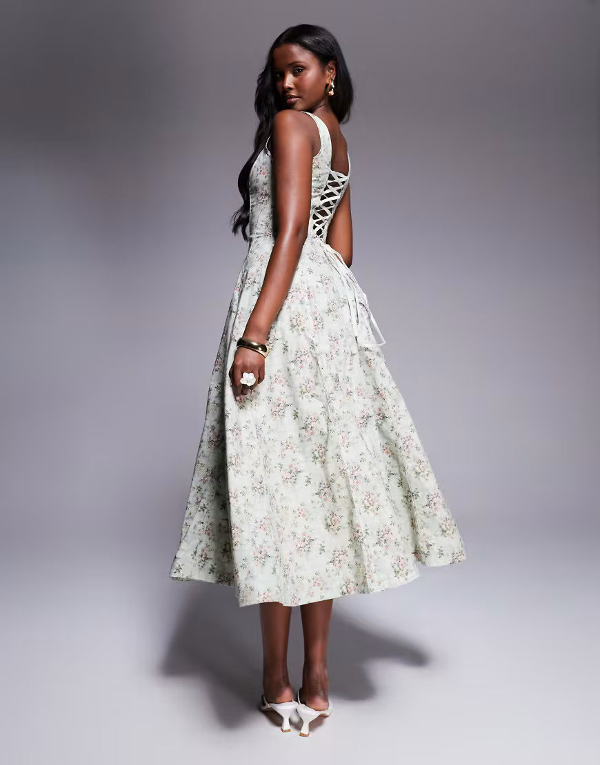 House of CB Mariabella print cotton midi dress in sage floral-Green | ASOS (Global)