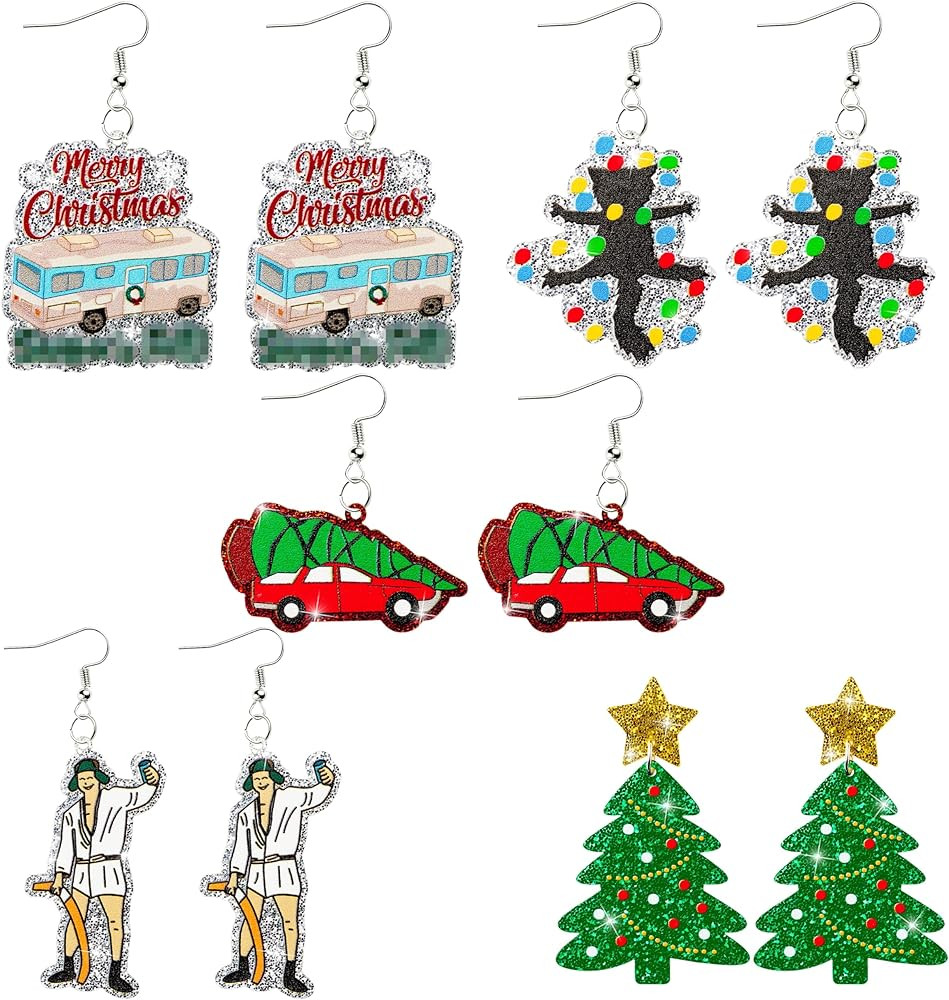 5 Pairs Christmas Theme Earrings, Funny Christmas Vacation Dangle Earrings, Cute Christmas Tree B... | Amazon (US)
