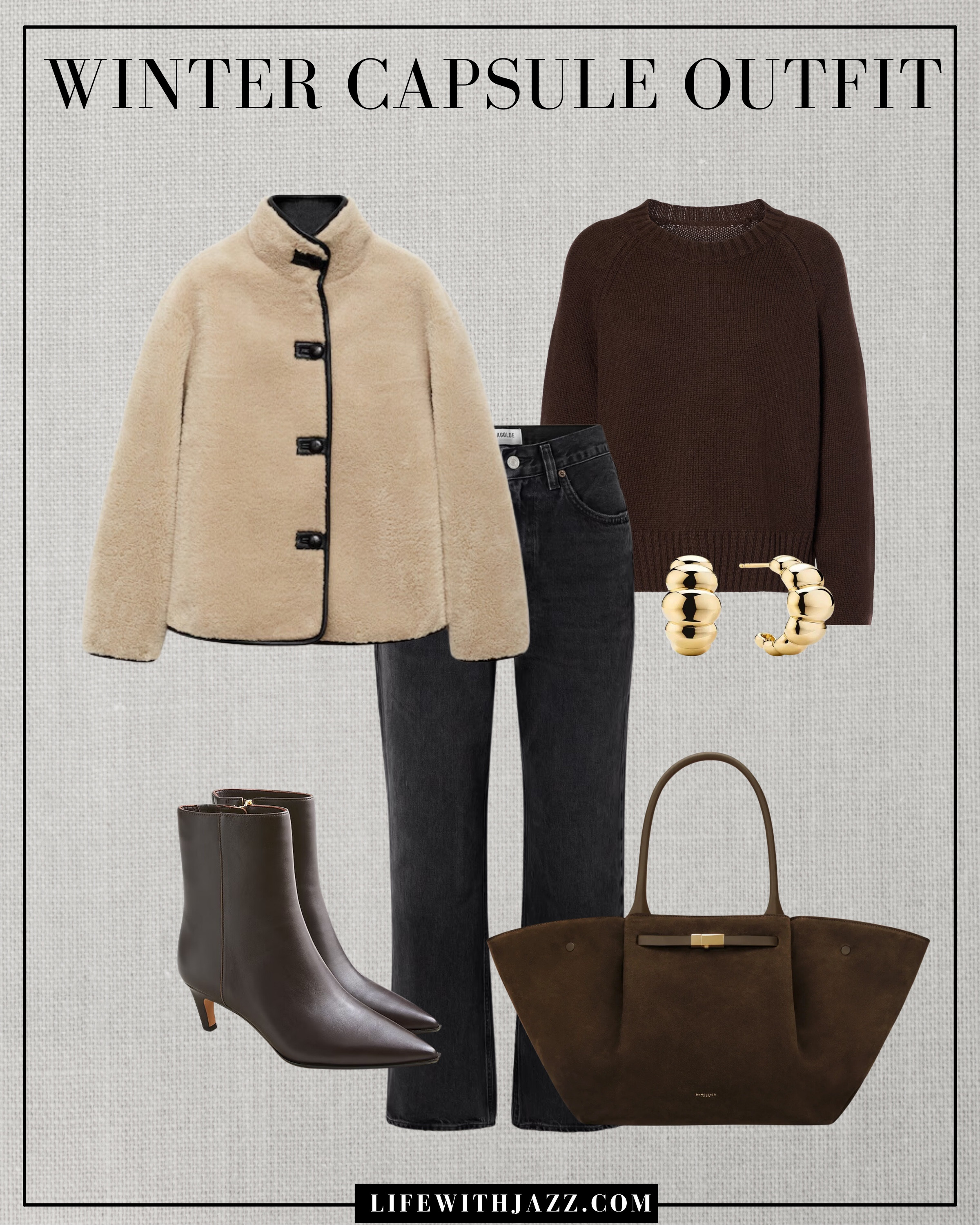 Winter capsule outfit 

Sherpa coat / chocolate brown oversized sweater / black ankle jeans / brown booties / dressy boots /brown suede tote/  Demellier / wc25

#LTKStyleTip #LTKSeasonal