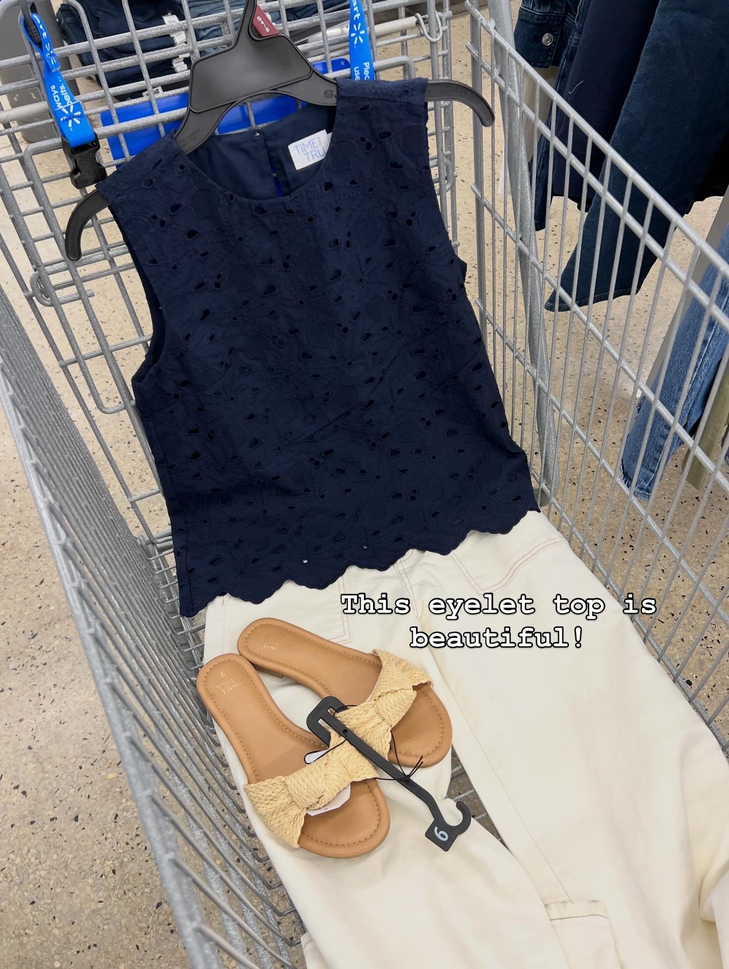 Walmart spring outfit idea with this cotton eyelet top and white jeans. #walmartfashion 