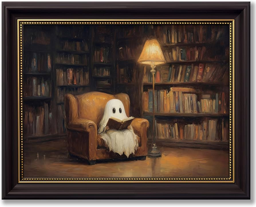 Vbaourut Framed Halloween Ghost Wall Art, Moody Reading Ghost Canvas Painting, Dark Academia Libr... | Amazon (US)