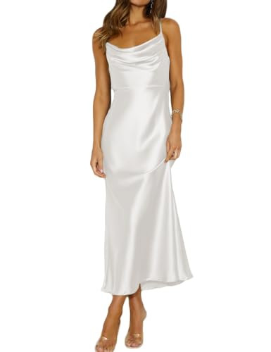 Summer Satin Spaghetti Strap Cowl Neck Backless Midi Dresses for Women Elegant Tie Low Back Ruched Cocktail Dress White | Amazon (US)