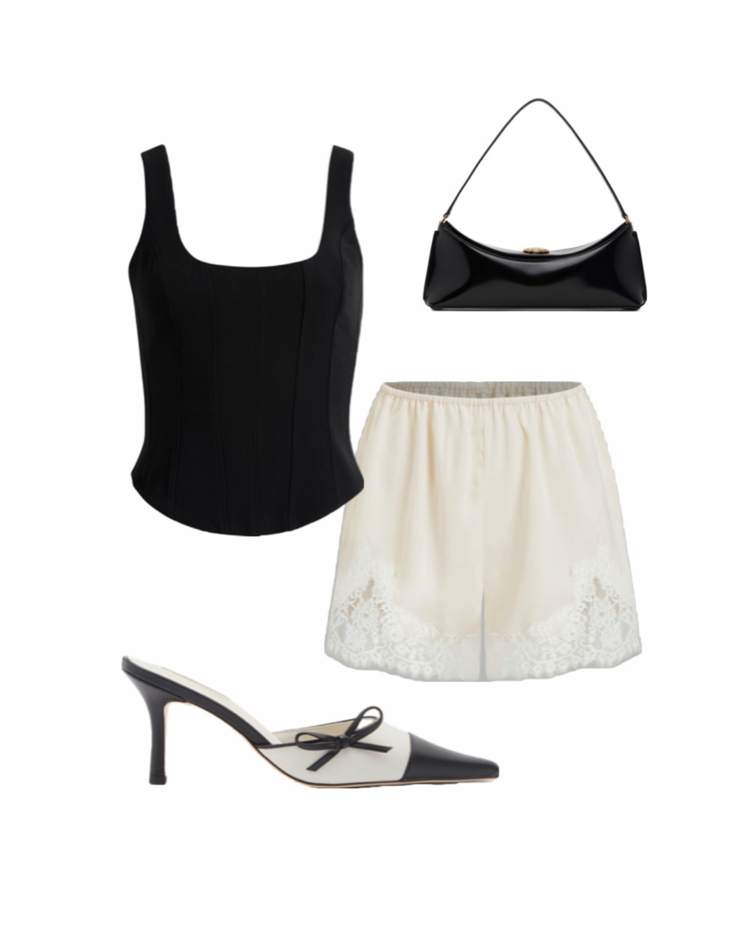Black corset top styled with lace mini shorts and two tone pointed toe heels.

valentine outfit, valentine date night outfit, black and white outfit, corset top outfit, lace shorts, romantic outfit ideas, date night outfit, chic valentine look, feminine outfit inspo, classy night out outfit, elevated evening style, women’s fashion, trending, lace fashion finds 

#LTKValentine