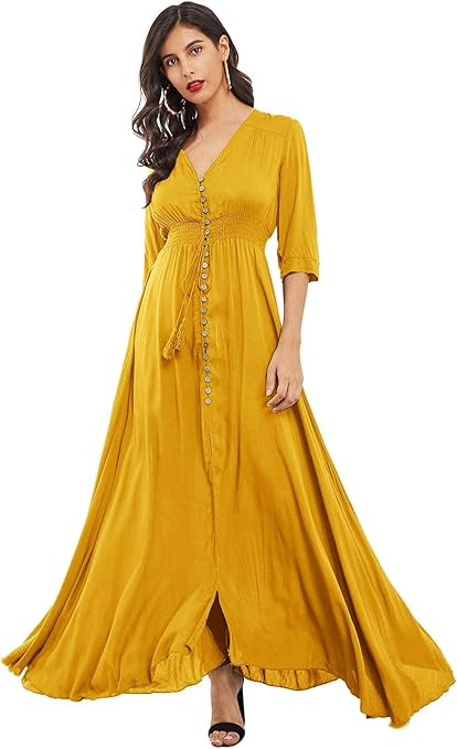 Milumia Women's Button Up V Neck Half Sleeve Split Flowy Plain Party Maxi Dress | Amazon (US)