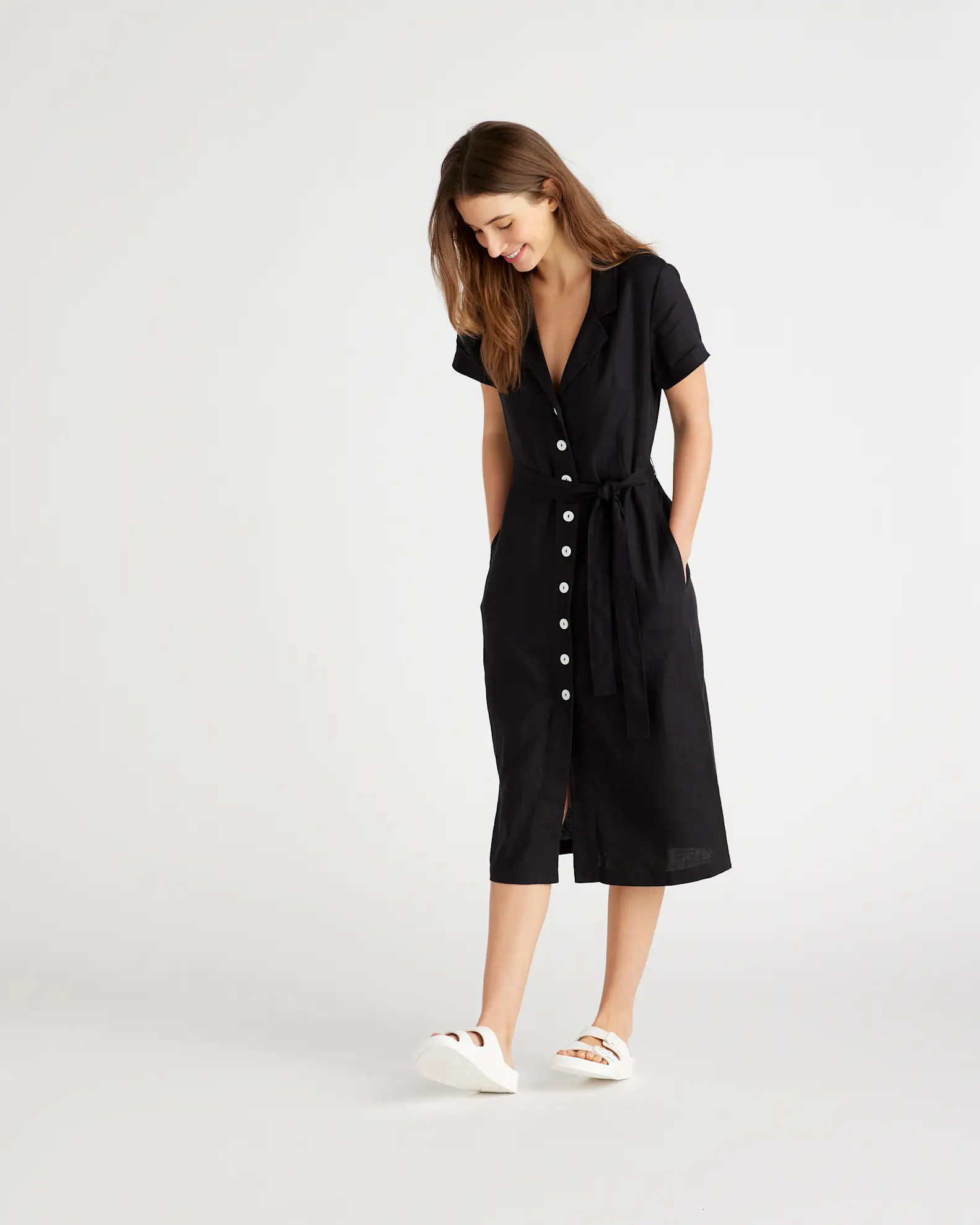 100% European Linen Button Front Dress in Black | Quince