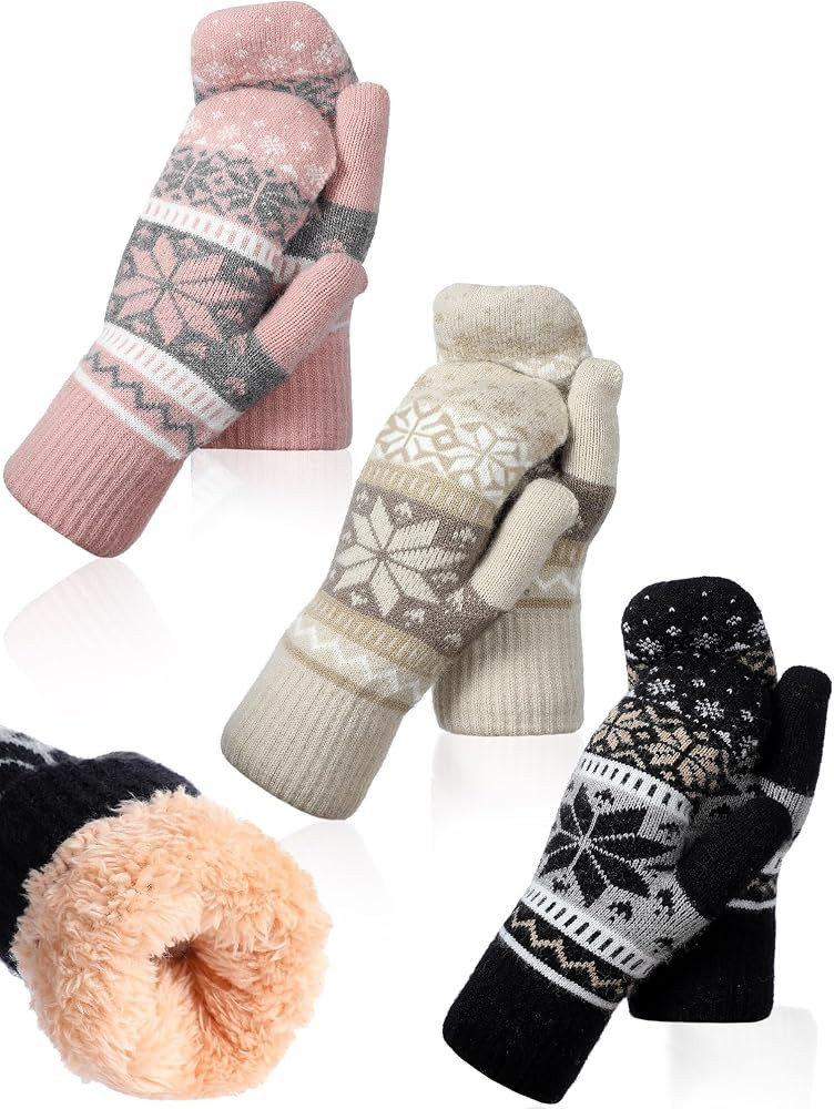 Vicenpal 3 Pairs Women Winter Mittens Snowflake Mitten Fleece Lining Cozy Wool Glove Cold Weather... | Amazon (US)