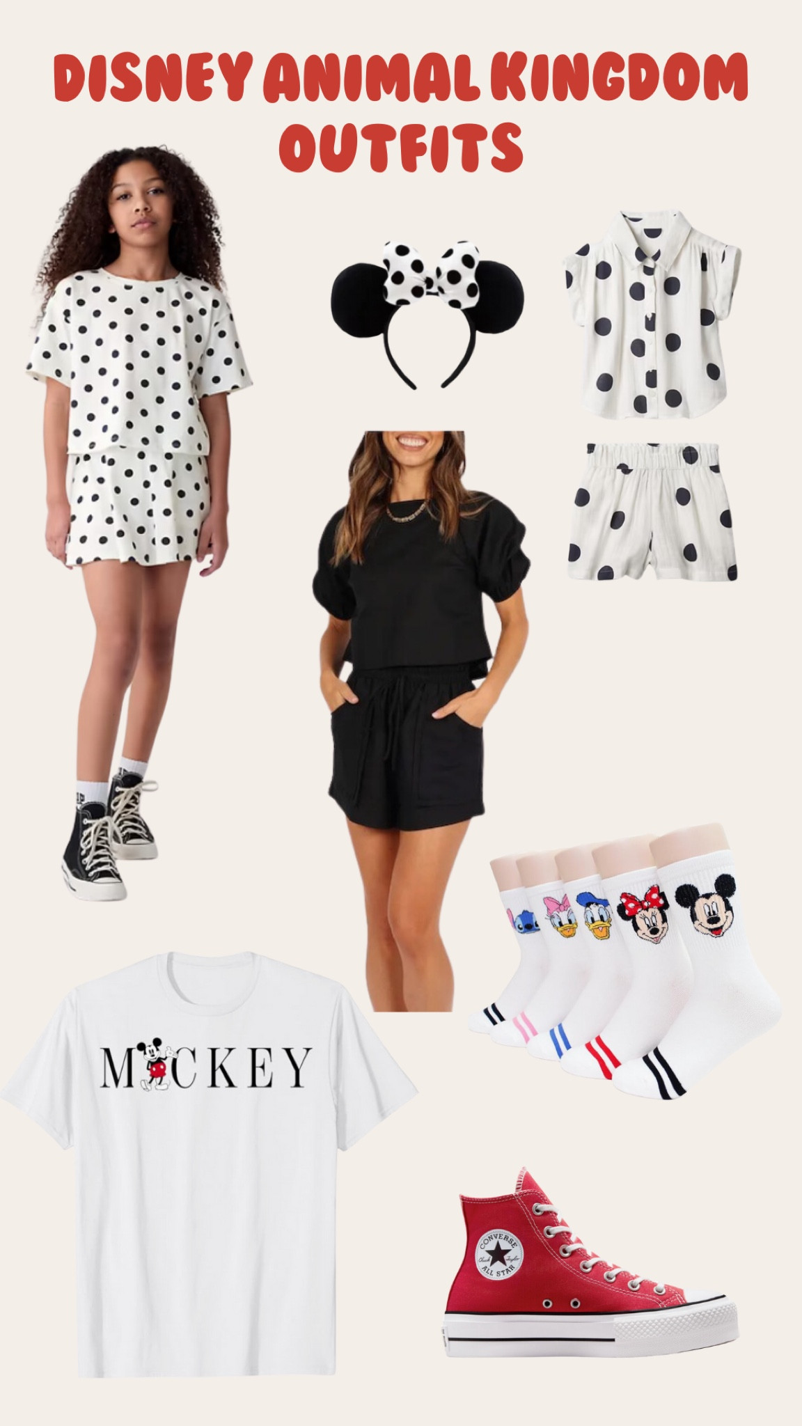 Disney family outfit ideas for animal kingdom! Matching and coordinating family outfits. Wearing sm in mine! Size down in converse. 
Polka dot sets, Mickey graphic tee, Mickey socks, Mickey ears  

#LTKFamily #LTKTravel #LTKKids