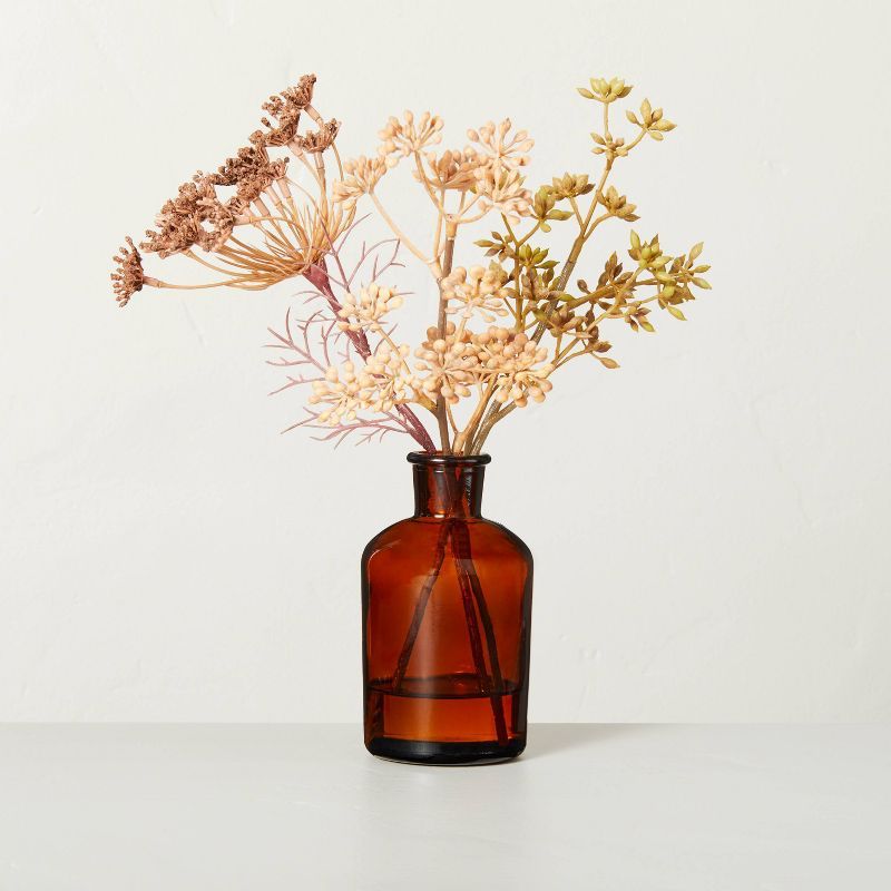 10.5&#34; x 6&#34; Faux Achillea &#38; Sedum Amber Glass Bottle Arrangement - Hearth &#38; Hand&#... | Target