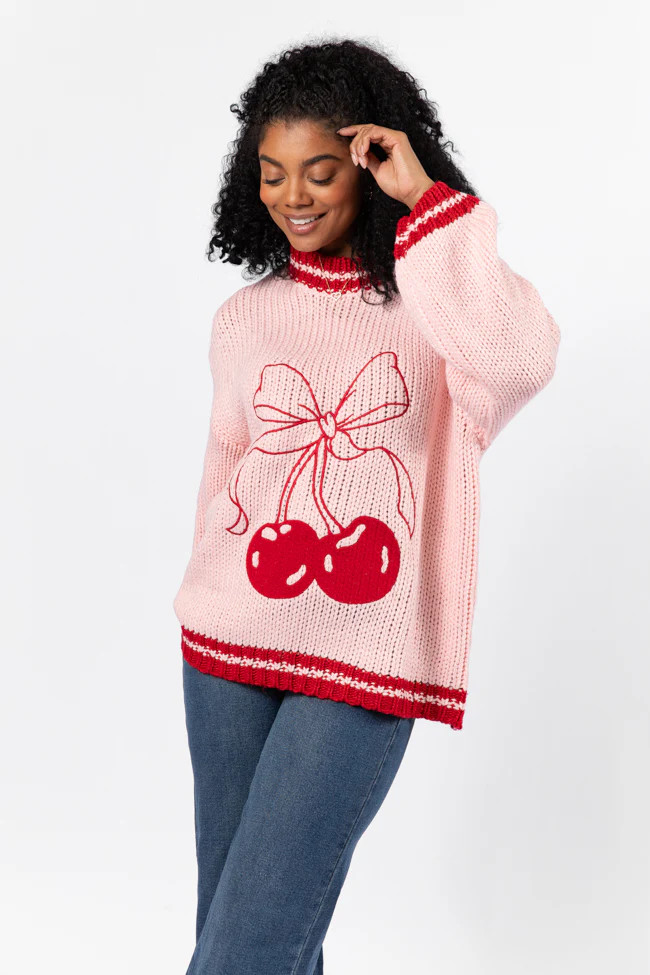 Cherry Sweet Pink and Red Bow Sweater | Pink Lily