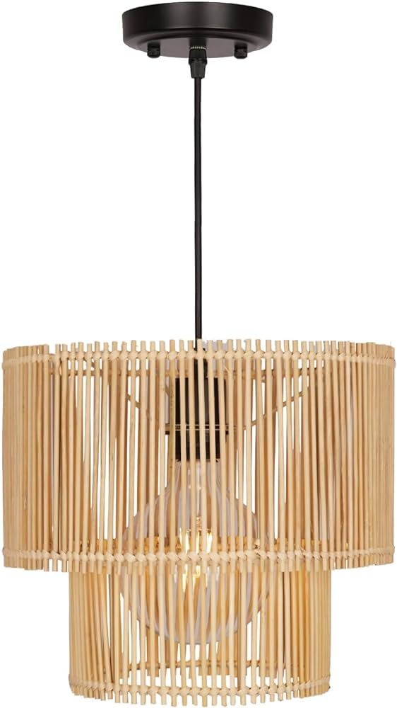 Woven Rattan Pendant Lamp, 12 Inch Natural Simple Hand Weaved Coastal Colonial Beach Black Rope H... | Amazon (US)