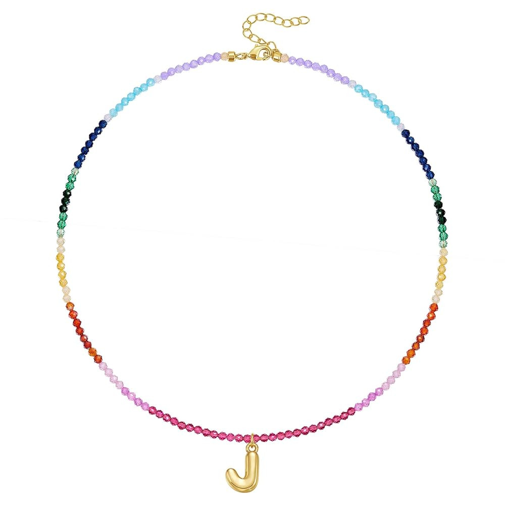 KissYan Beaded Initial Necklace for Women, 14K Gold Plated Bubble Letter Pendant Rainbow Gemstone... | Amazon (US)