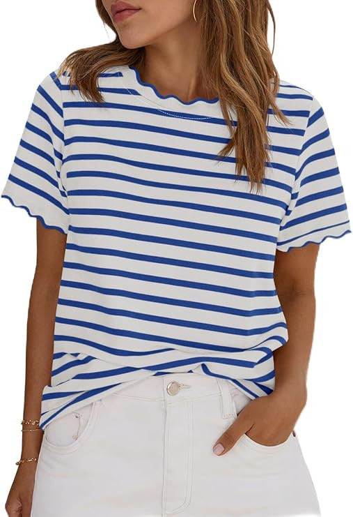 Tankaneo Womens Short Sleeve Striped Tshirts Summer Color Block Scalloped Tops Trendy Casual Basi... | Amazon (US)