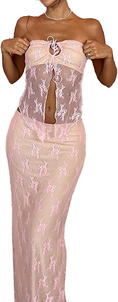 Women 2 Piece Maxi Skirt Set Y2k Lace Up Back Tie Up Tank Tops Bodycon Long Skirt Summer Party Cl... | Amazon (US)