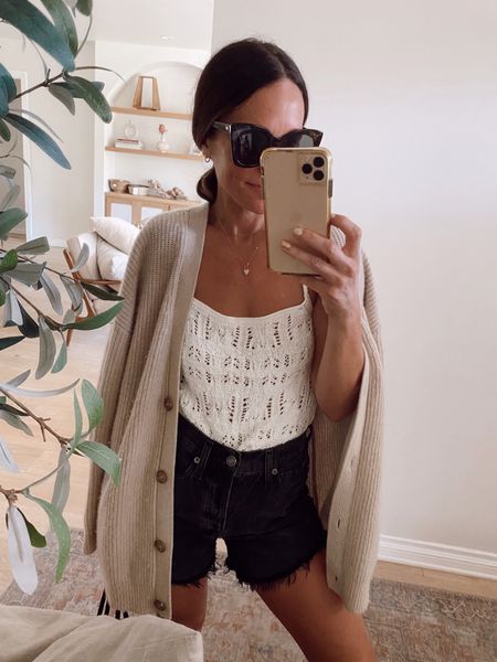 Wore this crochet tank (without the cardigan) today- adding the cardigan is an easy way to transition it to fall 
Cardigan is 20% off with code PREVIEW20 (I took my reg size for the oversized fit) 
Size down in shorts 

#LTKSeasonal #LTKstyletip #LTKsalealert