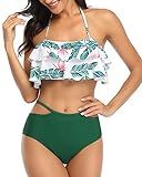 Holipick Women Two Piece Bikini Swimsuit Flounce Ruffle Halter Tie-Back Top Cutout Bottom Green Leaf | Amazon (US)