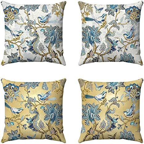 Yellow Floral and Bird Throw Pillow Covers Farmhouse Pillow Covers Flower Decorations Home Sweet Hom | Amazon (US)