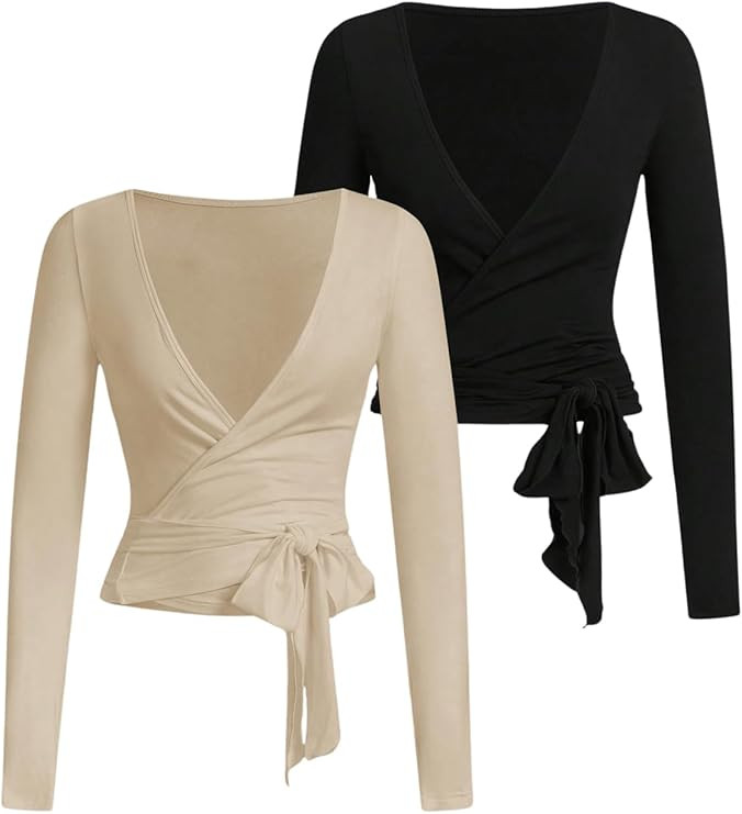 SweatyRocks Women's 2 Pack Yoga Shirts Wrap Ruched Tie Front Long Sleeve Workout T Shirts | Amazon (US)