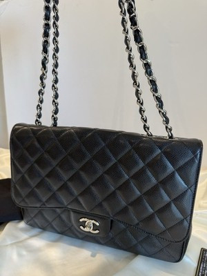 CHANEL Black Quilted Caviar Classic Jumbo Single Flap Bag Silver | eBay US