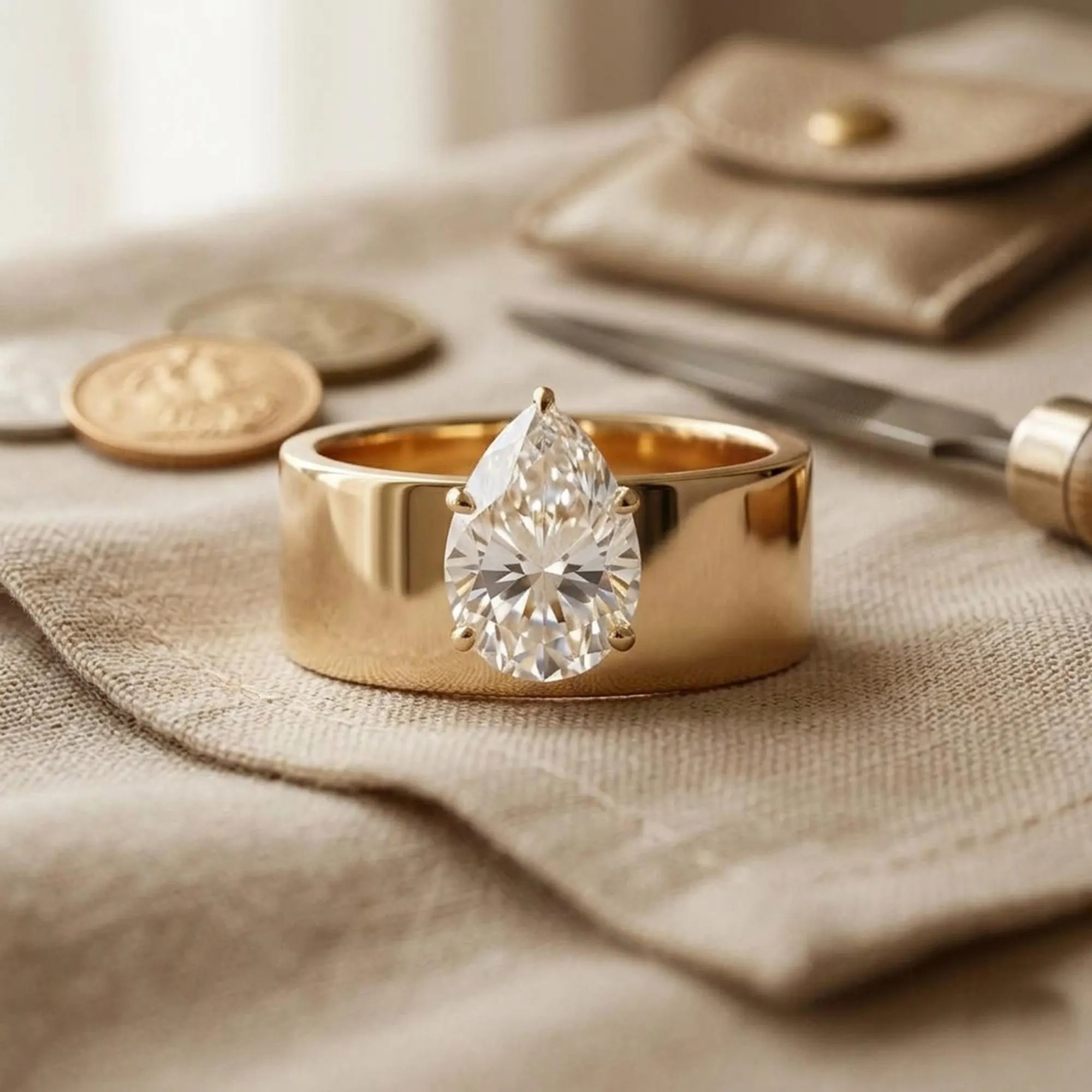 Pear Cut Moissanite Diamond Engagement Ring, Wide Band Solitaire Ring, Bridal Jewelry, 14K Yellow Gold Cigar Ring, Teardrop Wedding Ring | Etsy (Global)