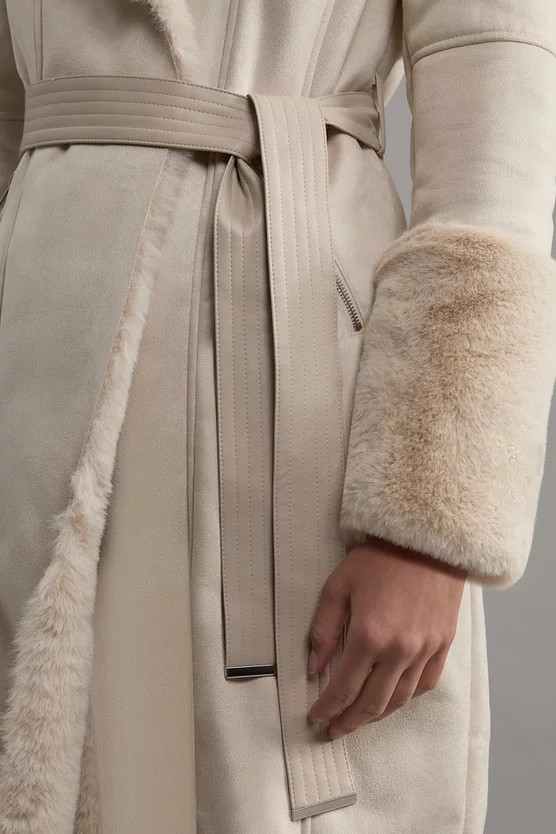 Tall Faux Shearling Collar & Cuff Belted Long Coat | Karen Millen UK + IE + DE + NL
