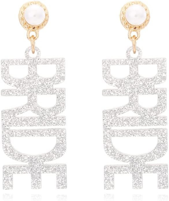 Glitter Bride Letter Dangle Statement Earrings Acrylic Faux Pearl Wedding Bride Drop Earring Eleg... | Amazon (US)