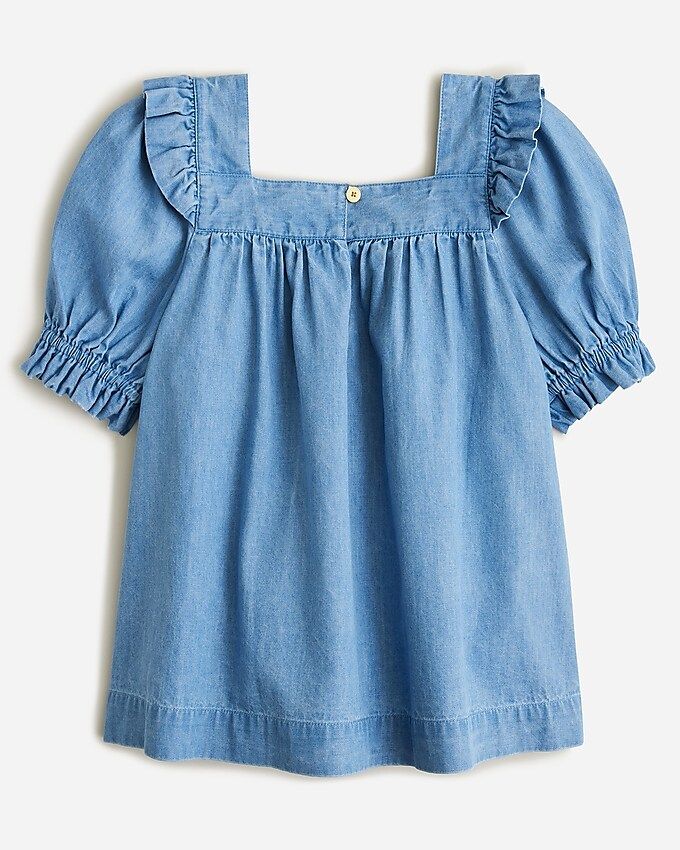 Girls' puff-sleeve squareneck top in chambray | J.Crew US