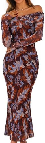 MEROKEETY Womens Fall Off Shoulder Floral Bodycon Wedding Guest Maxi Dress | Amazon (US)