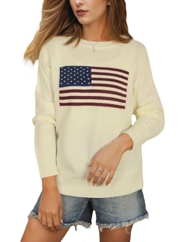 litawen Women’s American Flag Sweater Pullover，Knit Long Sleeve Crew Neck Graphic Elegant Soft Loose Pullovers，Comfy Sweatshirts for Women Soft Lightweight Knit Fashion 2026 White | Amazon (US)