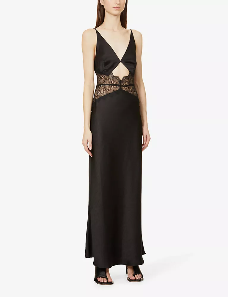 Black Lace Cut-out Long Silk Slip Dress