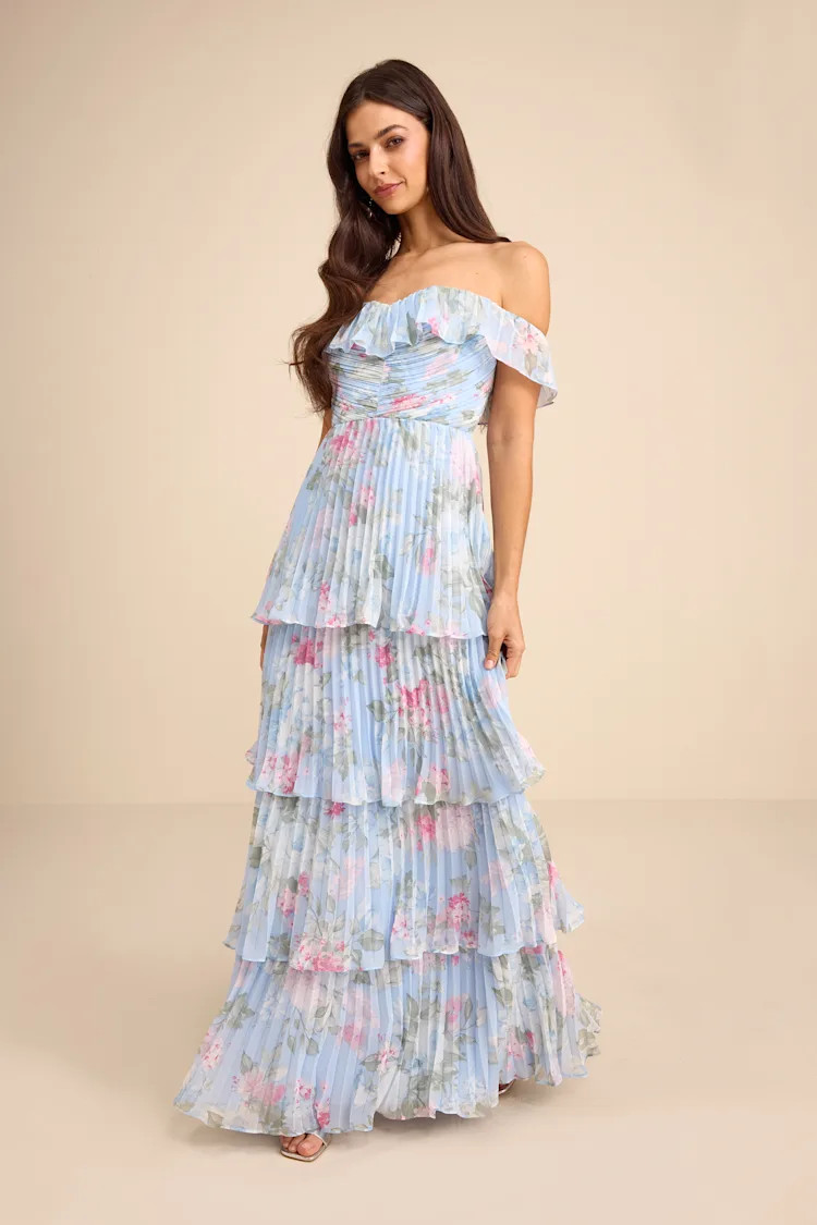 Always Remarkable Light Blue Floral Off-the-Shoulder Maxi Dress | Lulus