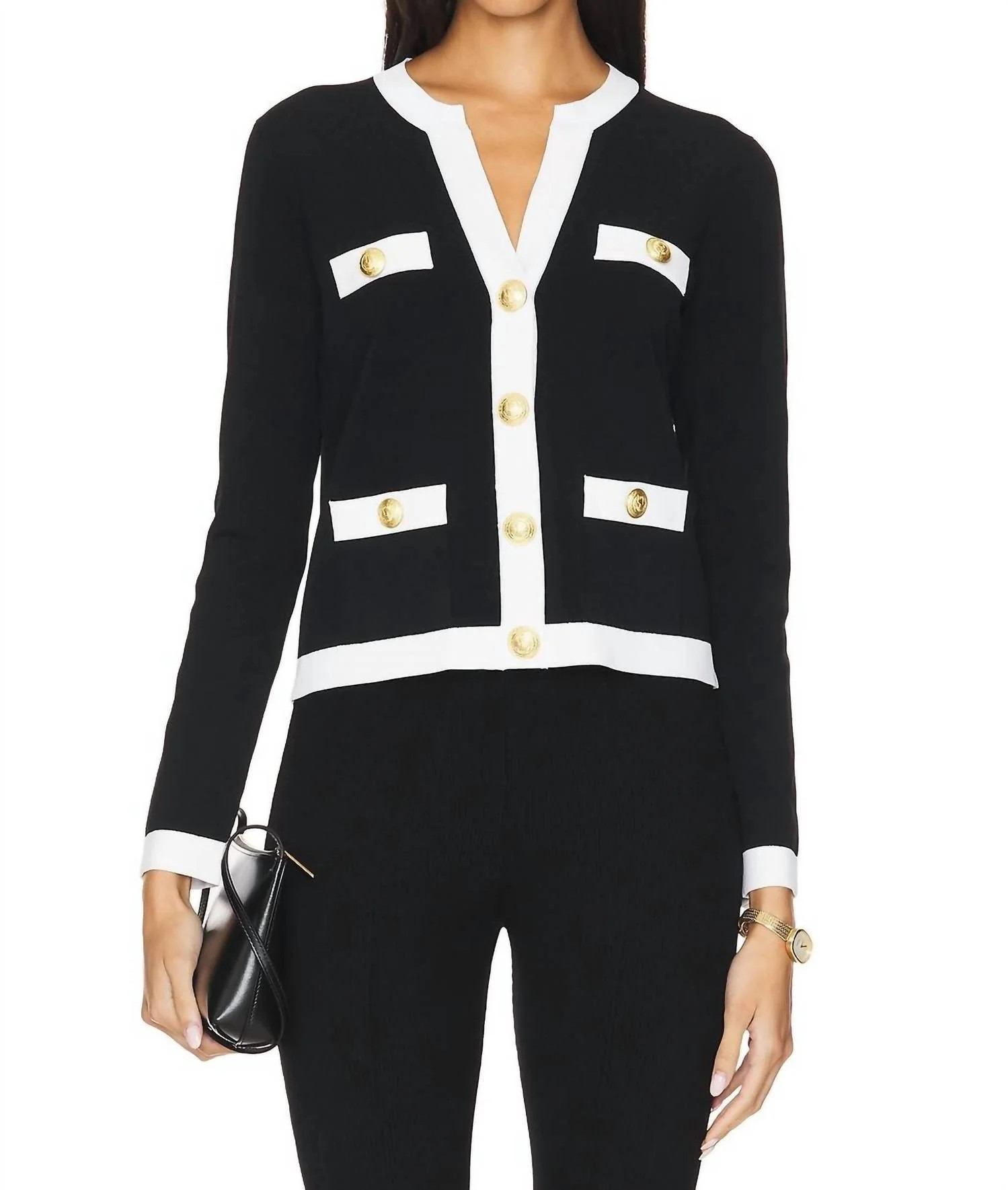 Estefania Contrast Trim Cardi In Black/white | Shop Simon