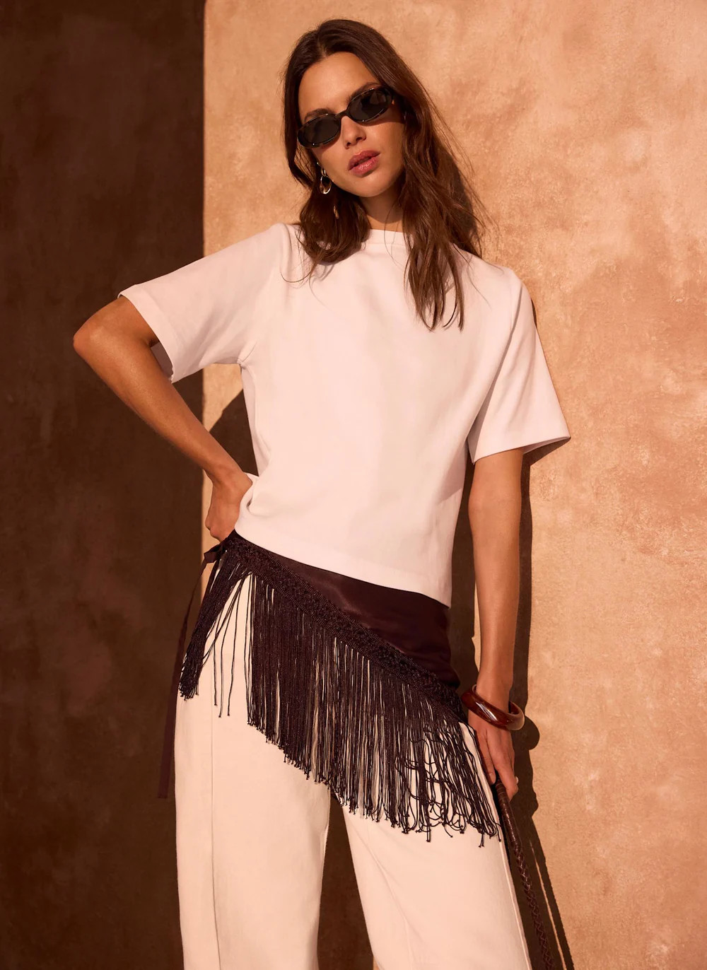 Brown Satin Fringe Waist Scarf | Mint Velvet