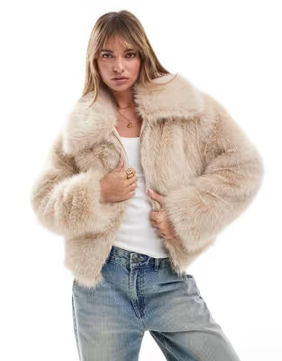 Miss Selfridge faux fur bomber jacket with collar in stone | ASOS (Global)