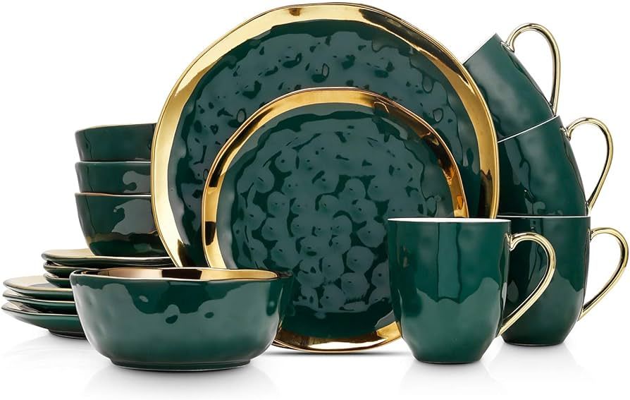 Stone Lain Porcelain 16 Piece Dinnerware Set, Service for 4, Green and Golden Rim | Amazon (US)