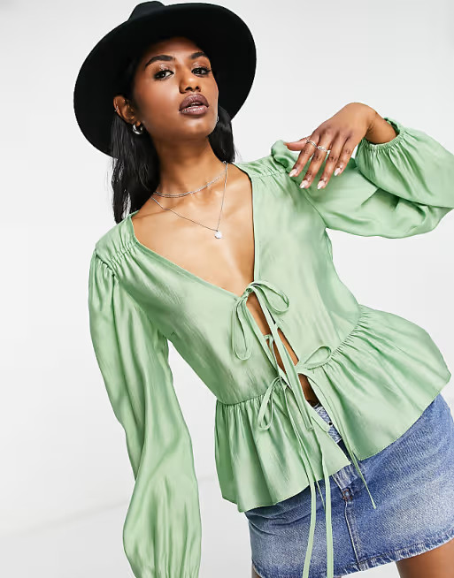Topshop tie front blouse top in green   | ASOS | ASOS (Global)