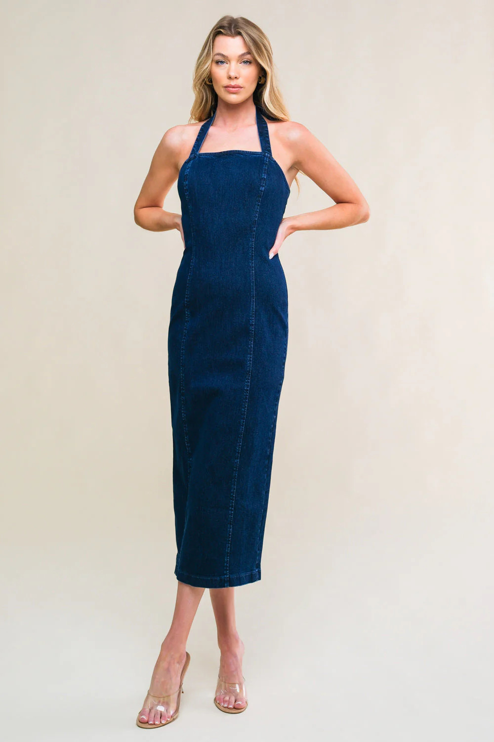 SO QUINTESSENTIAL - BODYCON HALTER DENIM MIDI DRESS | Lady Black Tie