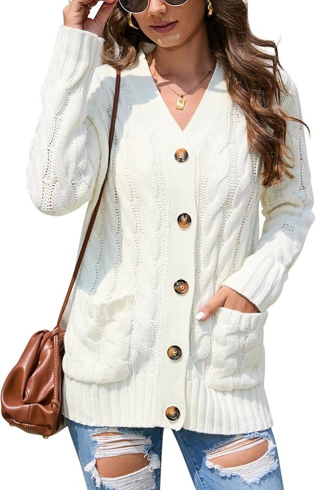 MISSKY Women's Open Front Cardigan Sweater with Pockets Long Sleeve Cable Knit Button Loose Cardigan | Amazon (US)