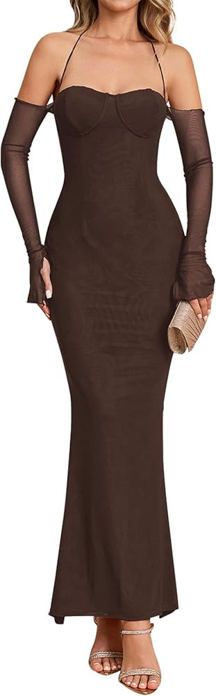 Elegant Off Shoulder Bodycon Maxi Dress Long Sleeve Mesh Formal Dress for Women Wedding Guest Par... | Amazon (US)