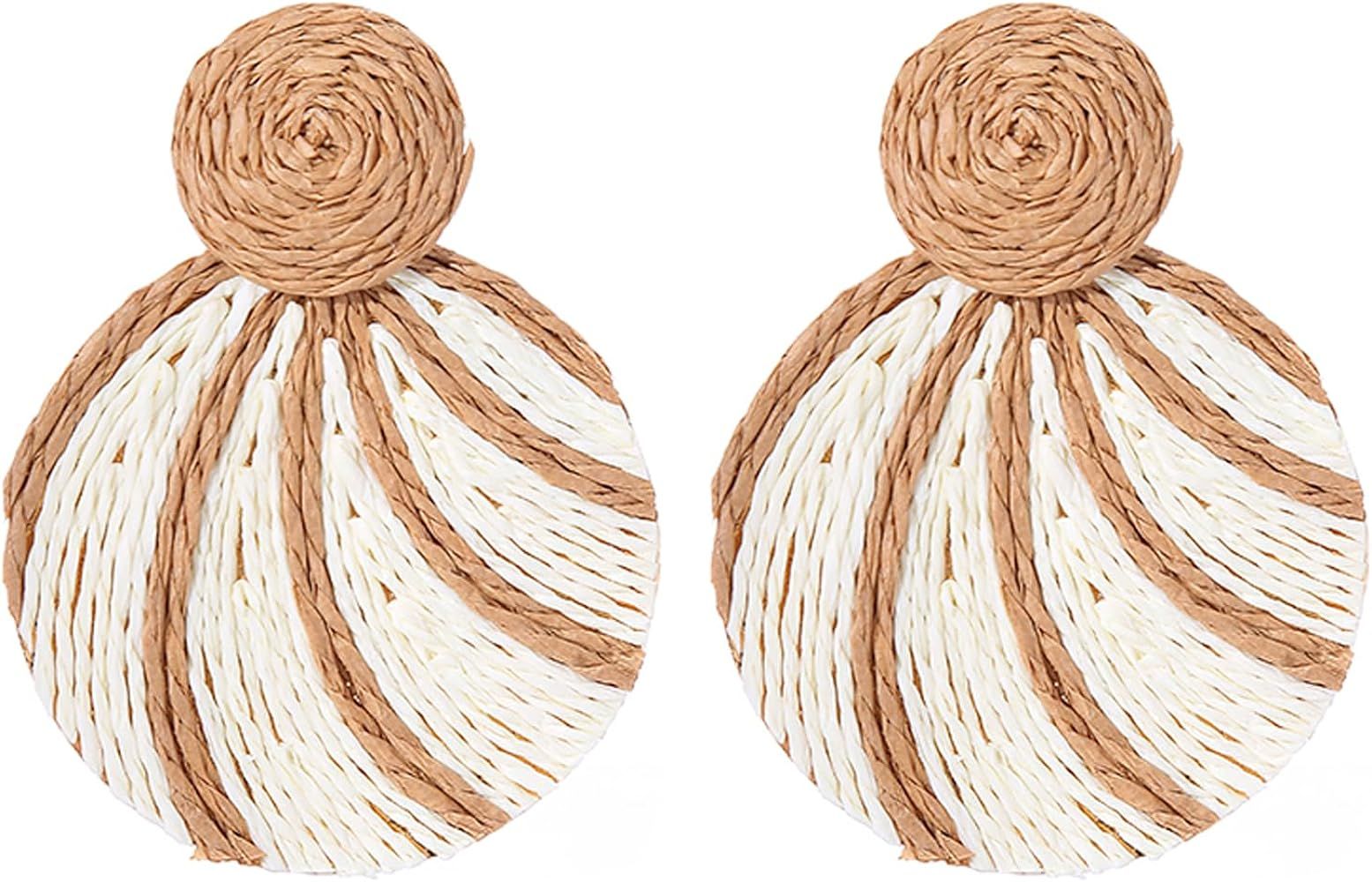Statement Raffia Circle Dangle Earrings Boho Round Earrings Handwoven Drop Earrings for Women Gir... | Amazon (US)