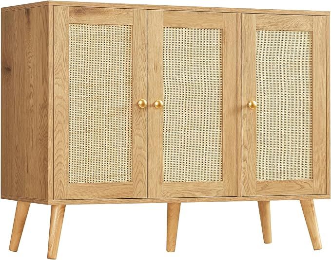 Quimoo Sideboard Buffet Cabinet, Boho Rattan Cabinet with 3 Adjustable Shelves & Rattan Doors, En... | Amazon (US)