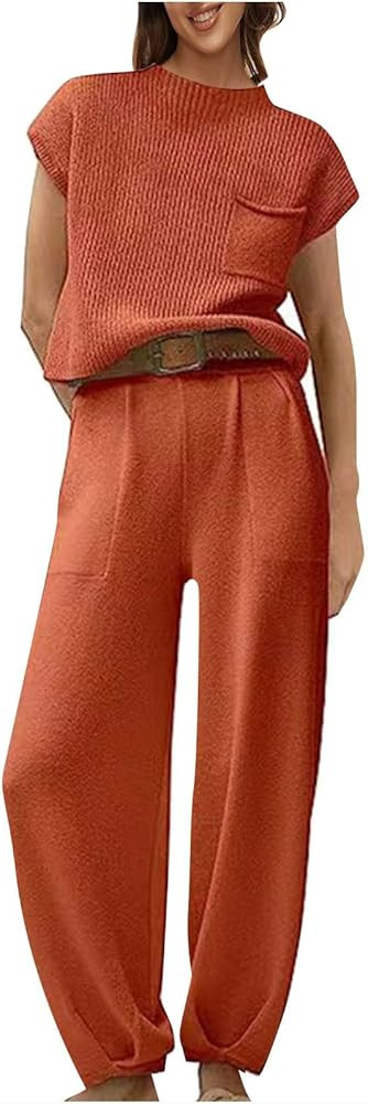 Lounge Sets for Women Two Piece Outfits Sweater Sets Knit Pullover Tops and High Waisted Pants Su... | Amazon (US)