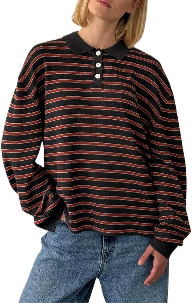 Women Y2K Striped Polo Sweater Long Sleeve Color Block Lapel V Neck Knit Jumper Tops Oversized Sw... | Amazon (US)