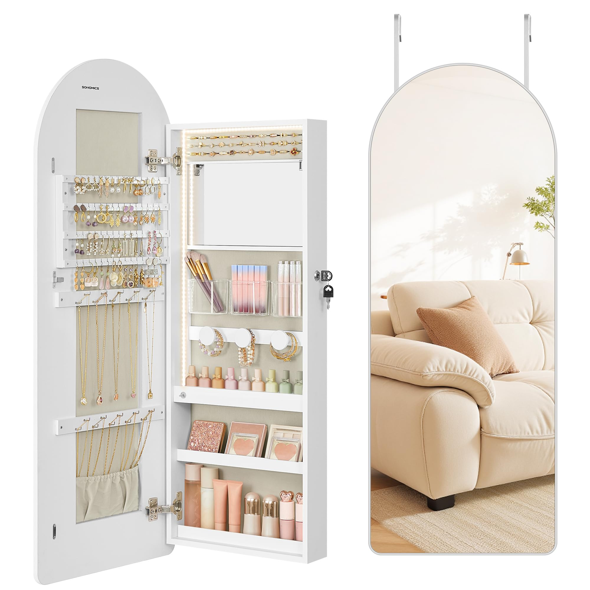 SONGMICS Wide Jewelry Organizer, LED Jewelry Cabinet Wall/Door Mounted, Arched Mirror with Storage, Lockable, Rounded Corner, Interior Mirror, 3.9 x 16.5 x 42.5 Inches, Cloud White UJJC020W01 | Amazon (US)